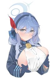 Rule 34 | 1girl, absurdres, ako (blue archive), alreadyusedpai, areola slip, bell, black gloves, blue archive, blue coat, blue eyes, blue hair, blue hairband, breasts, buttons, coat, double-breasted, earrings, gloves, hair between eyes, hairband, half gloves, halo, highres, jewelry, neck bell, nipples, sideboob