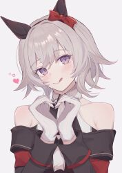 Rule 34 | 1girl, absurdres, animal ears, blush, bow, breasts, curren chan (umamusume), ear bow, ear covers, gloves, grey hair, hair between eyes, heart, heart hands, highres, horse ears, horse girl, kaedemaru, long sleeves, looking at viewer, purple eyes, red bow, shirt, short hair, simple background, smile, solo, tongue, tongue out, umamusume