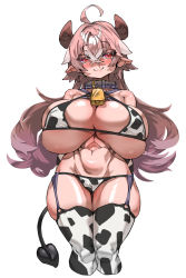 Rule 34 | 1girl, ahoge, animal ears, animal print, arms behind back, bare shoulders, bell, bikini, black tail, black thighhighs, blue collar, blush, cameltoe, chinese zodiac, closed mouth, collar, covered erect nipples, cow ears, cow girl, cow horns, cow print, cow tail, elbow gloves, eyes visible through hair, garter straps, gloves, grey hair, half-closed eyes, highres, horns, huu (mohujirou1811), long hair, multicolored hair, navel, neck bell, original, pink hair, red eyes, shiny skin, simple background, skindentation, smile, swimsuit, tail, thighhighs, white background, white thighhighs, year of the ox