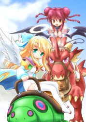 Rule 34 | 2girls, angel wings, aqua eyes, armor, avatar (eco), bare shoulders, bat wings, bell, blonde hair, blue bow, blue sky, blue sleeves, bow, braid, breasts, broken, broken chain, bug, chain, cleavage, cleavage cutout, closed mouth, clothing cutout, cloud, commentary request, day, demon girl, demon tail, detached sleeves, dominion (eco), double bun, dragon, elbow gloves, emil chronicle online, feathered wings, fingerless gloves, gloves, gold trim, hair between eyes, hair bow, hair bun, half updo, halo, leotard, long hair, long sleeves, medium breasts, multiple girls, navel, neck bell, orange eyes, outdoors, pink hair, pointy ears, puffy long sleeves, puffy sleeves, purple tail, purple wings, quad braids, red armor, red ribbon, ribbon, riding, saddle, shinjou satomi, shoulder armor, sidelocks, sidesaddle, sky, smile, tail, thighhighs, titania (eco), vambraces, white gloves, white leotard, white thighhighs, white wings, wings