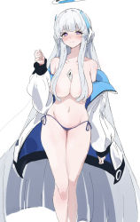 Rule 34 | 1girl, absurdres, bikini, blue archive, blush, breasts, clenched hand, grey hair, halo, headphones, highres, id card, jacket, large breasts, long hair, looking at viewer, mechanical halo, navel, noa (blue archive), ocha (popopogg), open clothes, open jacket, purple eyes, side-tie bikini bottom, simple background, solo, swimsuit, topless, very long hair, white background, white jacket