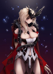 Rule 34 | 1girl, absurdres, bare shoulders, black gloves, black mask, blonde hair, blue eyes, blush, breasts, cape, cleavage, collarbone, dress, elbow gloves, fur-trimmed cape, fur trim, genshin impact, gloves, grey skirt, highres, lace-trimmed eyepatch, large breasts, long hair, looking at viewer, pelvic curtain, ryuuneart, signora (genshin impact), skirt, solo, thighs, white dress