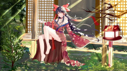 Rule 34 | 1girl, absurdres, alternate costume, barefoot, black hair, blue sky, bow, branch, breasts, bush, choker, cleavage, dappled sunlight, day, floral print, grass, hair bow, hair tubes, hakurei reimu, highres, japanese clothes, kimono, lantern, leg lift, legs, light beam, long hair, long ribbon, long sleeves, medium breasts, nature, obi, off shoulder, outdoors, plant, red eyes, rock, sash, sitting, sky, smile, solo, sunlight, thighs, touhou, very long hair, vines, wide sleeves, wind, wooden lantern, yue ling yu