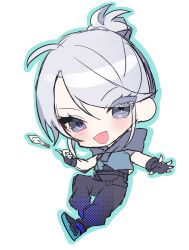 Rule 34 | 1girl, absurdres, animification, bad id, bad twitter id, black pants, blue gloves, blue jacket, blush, chibi, cropped jacket, fingerless gloves, gloves, hair bun, highres, hood, hooded jacket, jacket, jett (valorant), knife, kom0980, looking at viewer, open mouth, pants, pointing, silver hair, single hair bun, sleeveless, sleeveless jacket, smile, solo, valorant, white background