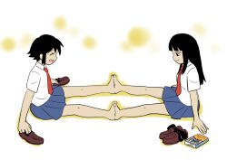 Rule 34 | 2girls, barefoot, bernard-jou iwaku., black hair, blue skirt, blunt bangs, book, brown footwear, cat&#039;s cradle (kurt vonnegut), closed eyes, closed mouth, collared shirt, facing another, full body, holding, holding shoes, kanbayashi shiori, loafers, long hair, machida sawako, multiple girls, necktie, open mouth, outline, outstretched legs, pleated skirt, pose request, profile, red necktie, school uniform, shirt, shoes, short hair, simple background, sitting, skirt, smile, summer uniform, unworn shoes, unworn socks, white background, white shirt, y-take-it, yellow outline