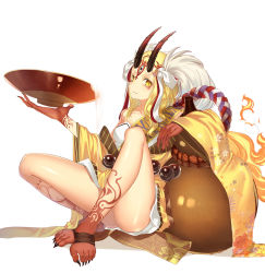 Rule 34 | 1girl, alcohol, bad id, bad pixiv id, bare shoulders, bead belt, beads, black nails, blonde hair, closed mouth, colored skin, cup, dhfz181, facial mark, fate/grand order, fate (series), fingernails, fire, fire, gourd, gradient horns, horns, ibaraki douji (fate), japanese clothes, kimono, long hair, long sleeves, looking at viewer, multicolored horns, nail polish, off shoulder, oni, oni horns, patterned, patterned clothing, pouring, pouring onto self, red horns, red skin, sakazuki, sake, sharp fingernails, sharp toenails, shiny skin, simple background, sitting, solo, third eye, toenails, white background, wide sleeves, yellow eyes, yellow kimono