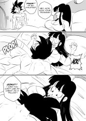 Rule 34 | 1boy, 1girl, absurdres, bed, blunt bangs, boxers, breasts, chi-chi (dragon ball), cleavage, closed eyes, comic, commentary, dragon ball, dragonball z, english text, face to breasts, funsexydb, greyscale, hair down, highres, hime cut, husband and wife, large breasts, lying on person, male underwear, monochrome, motion lines, muscular, muscular male, nipples, open mouth, pectorals, pillow, sidelocks, son goku, symbol-only commentary, tank top, topless male, underwear