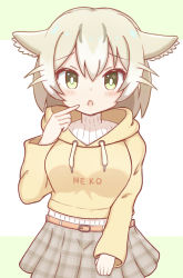 Rule 34 | 1girl, animal ears, belt, belt buckle, blush, brown belt, brown hair, buckle, cat (kemono friends), cat ears, clothes writing, commentary request, fang, green background, green eyes, grey skirt, hair between eyes, hand up, highres, hood, hood down, hoodie, kemono friends, long sleeves, looking at viewer, open mouth, plaid, plaid skirt, pleated skirt, ribbed sweater, romaji text, skirt, sleeves past wrists, solo, sunanuko (ramuneko), sweater, turtleneck, turtleneck sweater, two-tone background, white background, white sweater, yellow hoodie