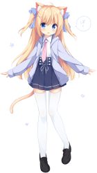 Rule 34 | 1girl, ahoge, animal ears, black footwear, blonde hair, blue eyes, blush, cat ears, cat tail, full body, hair ornament, hair ribbon, highres, jacket, leg up, loafers, long hair, long sleeves, looking at viewer, mimura zaja, moneko-chan, necktie, open mouth, original, pink necktie, pleated skirt, ribbon, shoes, simple background, skirt, solo, speech bubble, standing, standing on one leg, tail, thighhighs, two side up, white background, white thighhighs, wing collar, x hair ornament, zettai ryouiki