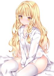 Rule 34 | 1girl, :/, bad id, bad twitter id, blonde hair, blush, bottomless, bow, braid, breasts, closed mouth, commentary request, feet out of frame, hair bow, hair ribbon, highres, kirisame marisa, long hair, looking at viewer, naked shirt, nanase nao, no headwear, nose blush, on bed, ribbon, shirt, side braid, simple background, single braid, sitting, sleeves past fingers, sleeves past wrists, small breasts, solo, thighhighs, touhou, tress ribbon, v arms, very long hair, wavy hair, white background, white bow, white shirt, white thighhighs, yellow eyes