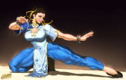 Rule 34 | 1girl, absurdres, black background, blue dress, bracelet, brown eyes, brown hair, capcom, china dress, chinese clothes, chun-li, cleavage cutout, clothing cutout, double bun, dress, eyeliner, fighting stance, flats, gloves, gradient background, hair bun, hair pulled back, highres, jewelry, makeup, muscular, muscular female, muscular legs, pants, pelvic curtain, short hair, solo, spunkyramaz, squatting, street fighter, street fighter 6, thick thighs, thighs, tight clothes, tight pants