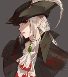 Rule 34 | 1girl, ascot, black coat, bloodborne, brooch, coat, commentary, grey background, grey eyes, grey hair, hat, hat feather, highres, jewelry, lady maria of the astral clocktower, long hair, looking at viewer, shedar, simple background, solo, tricorne, upper body, white ascot