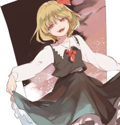 Rule 34 | 1girl, black skirt, blonde hair, bow, clothes lift, dutch angle, fangs, frilled skirt, frills, grin, highres, kerok (joniko1110), looking at viewer, outstretched arm, red bow, red eyes, rumia, skirt, skirt lift, smile, solo, touhou