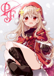 Rule 34 | 1girl, bell, black footwear, black gloves, blush, boots, bow, copyright name, fur trim, gloves, grey background, hair ornament, hat, hoshikuzu, jingle bell, knee boots, light brown hair, long hair, looking at viewer, noel claus, open mouth, pixiv fantasia, pixiv fantasia scepter of zeraldia, pom pom (clothes), red bow, red eyes, red hat, simple background, sitting, snowing, solo, tearing up, x hair ornament