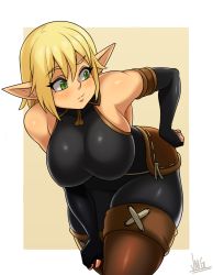 Rule 34 | 1girl, armpits, ass, bare shoulders, bent over, blonde hair, boots, breasts, brown background, brown footwear, commentary, elf, evangelyne (wakfu), freckles, green eyes, highres, jmg, large breasts, mature female, pointy ears, raised eyebrow, short hair, signature, solo, thigh boots, thighhighs, wakfu