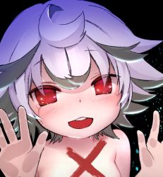 Rule 34 | 1girl, against glass, black background, blush, commentary request, crying, crying with eyes open, empty eyes, grey hair, hands up, hitosoroi, looking at viewer, made in abyss, multicolored hair, no pupils, nude, open mouth, out-of-frame censoring, prushka, red eyes, short hair, smile, solo, streaked hair, streaming tears, tears, teeth, tsurime, upper body, upper teeth only, white hair, x