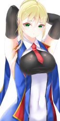 Rule 34 | 1girl, absurdres, alternate hairstyle, armpits, arms behind head, blazblue, blonde hair, breasts, covered navel, green eyes, highres, long hair, looking at viewer, medium breasts, noel vermillion, open mouth, ponytail, solo
