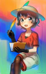 Rule 34 | 10s, 1girl, artist name, black gloves, black pantyhose, blouse, book, brown hair, collarbone, commentary request, crossed legs, feathers, gloves, gradient background, hair between eyes, hat, hat feather, highres, holding, holding book, kaban (kemono friends), kemono friends, looking at viewer, multicolored clothes, multicolored skirt, open book, open mouth, pantyhose, red shirt, safari hat, shirt, short hair, short sleeves, skirt, smile, solo, striped clothes, striped shirt, welt (kinsei koutenkyoku)
