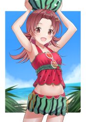 Rule 34 | 1girl, ahoge, arms up, beach, blue sky, blurry, blurry background, breasts, collarbone, commentary, day, food, food-themed hair ornament, food print, fruit, green shorts, hair flaps, hair ornament, hairclip, highres, holding, holding food, holding fruit, idolmaster, idolmaster shiny colors, komiya kaho, light blush, long hair, looking at viewer, midriff, navel, ocean, official alternate costume, open mouth, osoba susurukun, outdoors, pinstripe shorts, plant, red eyes, red hair, red shirt, shirt, shorts, sky, small breasts, smile, solo, sunglasses, tank top, thighs, watermelon, watermelon hair ornament, watermelon print