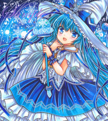 Rule 34 | 1girl, :d, beamed sixteenth notes, blue background, blue bow, blue eyes, blue hair, blue ribbon, blue skirt, blush, bow, capelet, center frills, eighth note, frilled skirt, frills, hat, hat bow, hatsune miku, holding, holding wand, large hat, long hair, looking at viewer, marker (medium), musical note, open mouth, ribbon, rui (sugar3), sample watermark, shirt, skirt, smile, snowflake background, solo, traditional media, very long hair, vocaloid, wand, watermark, white capelet, white hat, white shirt, witch hat, wrist cuffs, yuki miku, yuki miku (2014)