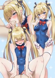 Rule 34 | 1boy, 1girl, azur lane, black ribbon, blonde hair, blue eyes, blue leotard, blue one-piece swimsuit, blush, breasts, censored, closed eyes, clothed female nude male, clothed sex, clothing aside, covered erect nipples, covered navel, cowgirl position, dead or alive, dead or alive 5, fellatio, frilled leotard, frills, girl on top, hair ornament, hair ribbon, handjob, hetero, highres, leotard, leotard aside, long hair, looking at viewer, marie rose, marie rose (devilish servant against the splashing waves), moaning, mosaic censoring, multiple views, nude, one-piece swimsuit, one eye closed, open mouth, oral, penis, pov, pussy, ribbon, sex, skindentation, small breasts, smile, spread legs, straddling, swimsuit, thighs, twintails, urayama (backmountain), vaginal, x hair ornament