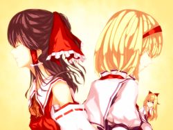 Rule 34 | 2girls, alice margatroid, ascot, azusawa yuu, back-to-back, blonde hair, blue eyes, bow, brown hair, capelet, closed eyes, detached sleeves, gradient background, hair bow, hair tubes, hakurei reimu, head tilt, headband, long hair, looking at viewer, multiple girls, necktie, parted lips, profile, ribbon-trimmed sleeves, ribbon trim, sarashi, shanghai doll, short hair, simple background, touhou, vest, yellow background