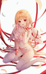 Rule 34 | 1girl, absurdres, arahe, blonde hair, feathered wings, feathers, frilled underwear, highres, long hair, nail polish, navel, original, panties, red eyes, red ribbon, ribbon, sitting, solo, thighhighs, underwear, underwear only, very long hair, wariza, white background, white thighhighs, white wings, wings