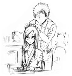 Rule 34 | 1boy, 1girl, animal ears, business suit, grabbing another&#039;s ear, formal, fumitan (humitan), glasses, greyscale, hand on another&#039;s ear, keyboard (computer), long hair, monitor, monochrome, office lady, original, parted lips, suit