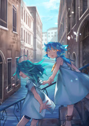 Rule 34 | 2girls, :d, :o, ahoge, akari (shichigatsu), bad id, bad pixiv id, bike shorts, blue hair, building, canal, closed eyes, coat, colored eyelashes, day, dress, fang, from side, green hair, highres, holding hands, hood, long hair, multiple girls, neckerchief, open hand, open mouth, original, outdoors, outstretched arms, pointy ears, profile, railing, scenery, shichigatsu, short hair, sideways mouth, smile, sou (shichigatsu), spread arms, stairs, walking, water, white coat, white dress, window, yellow eyes, yellow neckerchief