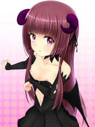 Rule 34 | 1girl, arm cutout, arm under breasts, blush, breasts, clenched hand, closed mouth, clothing cutout, collarbone, costume, detached sleeves, downblouse, fake horns, fake wings, gradient background, hair ribbon, halterneck, hanazono yurine, hand up, highres, horns, jashin-chan dropkick, long hair, looking at viewer, looking to the side, loose clothes, navel, navel cutout, nipples, no bra, open mouth, pink eyes, red eyes, red hair, ribbon, sidelocks, simple background, skirt, small breasts, smile, solo, standing, wings