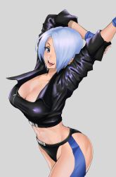 Rule 34 | 1girl, anagumasan, angel (kof), arms behind head, ass, breasts, cleavage, cropped jacket, grey background, hair over one eye, highres, large breasts, midriff, one eye covered, open mouth, short hair, simple background, snk, solo, the king of fighters, white hair