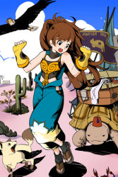 Rule 34 | 1girl, bare shoulders, brown hair, cactus, day, fingerless gloves, flag, flat chest, gloves, long hair, lowres, open mouth, overalls, pants, sky, solo, sword girls, turtle