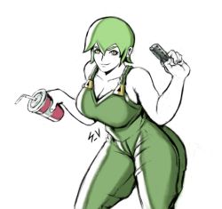 Rule 34 | 1girl, breasts, cleavage, cowboy shot, cup, foo fighters (jojo), green hair, green overalls, hair between eyes, hand up, jojo no kimyou na bouken, large breasts, looking at viewer, overalls, short hair, simple background, smile, solo, soulja void, stone ocean, white background, yellow eyes