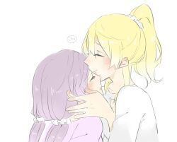 Rule 34 | 2girls, ayase eli, blonde hair, blush, closed eyes, closed mouth, commentary request, hair between eyes, hair ornament, hair scrunchie, kashikaze, kiss, kissing forehead, long hair, love live!, love live! school idol project, low twintails, multiple girls, pink shirt, ponytail, purple hair, scrunchie, shirt, simple background, speech bubble, tojo nozomi, twintails, upper body, white background, white shirt, yuri