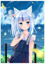 Rule 34 | 1girl, :3, animal ear fluff, animal ears, bag, blue dress, blue eyes, blue hair, blue sky, blunt bangs, blush, cat ears, cloud, cloudy sky, collarbone, cowboy shot, day, dress, female focus, fish skeleton, gawr gura, gawr gura (casual), hair ornament, hair over shoulder, hand on own chest, hand up, handbag, hololive, hololive english, lens flare, light rays, looking at viewer, m ko (maxft2), multicolored clothes, multicolored dress, ocean, outdoors, petals, shark girl, short sleeves, side ponytail, signature, silver hair, sky, smile, solo, standing, upper body, virtual youtuber, water, white dress