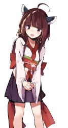 Rule 34 | 1girl, :d, ahoge, blush stickers, breasts, brown eyes, brown hair, headgear, highres, japanese clothes, kimono, lamb (hitsujiniku), long hair, long sleeves, looking at viewer, obi, open mouth, pleated skirt, purple skirt, sash, simple background, skirt, small breasts, smile, solo, standing, touhoku kiritan, voiceroid, white background, white kimono, wide sleeves