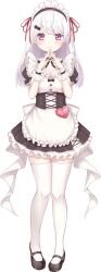 Rule 34 | 1girl, apron, black bow, black footwear, black skirt, bow, breasts, center opening, cleavage, dress, frilled dress, frilled skirt, frills, full body, hair ornament, hair ribbon, heart, highres, kamioka shun&#039;ya, large breasts, loafers, maid, maid apron, maid headdress, nijisanji, official alternate costume, official art, own hands together, pink eyes, puffy short sleeves, puffy sleeves, red ribbon, ribbon, shiina yuika, shiina yuika (5th costume), shoes, short sleeves, skirt, solo, thighhighs, transparent background, virtual youtuber, white hair, white thighhighs, zettai ryouiki