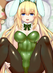 Rule 34 | 1girl, :d, ajitarou (setsu), animal ears, bed, black pantyhose, blonde hair, blue eyes, bow, bowtie, breasts, choujigen game neptune, detached collar, fake animal ears, green bow, green leotard, highres, large breasts, leotard, long hair, looking at viewer, lying, neptune (series), on back, open mouth, pantyhose, pillow, playboy bunny, rabbit ears, shiny clothes, smile, solo, spread legs, stuffed toy, vert (neptunia)