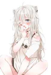Rule 34 | 1girl, ahoge, animal ear piercing, animal ears, black choker, black nails, bra strap, breasts, choker, commission, ear piercing, grey eyes, grey hair, hair between eyes, heart, highres, hiro (hirohiro31), hololive, lion ears, lion girl, long hair, looking at viewer, loose clothes, loose shirt, official alternate costume, open mouth, piercing, shirt, shishiro botan, shishiro botan (casual), simple background, single bare shoulder, sitting, skeb commission, small breasts, solo, t-shirt, teeth, upper teeth only, virtual youtuber, white background, white shirt