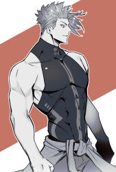 Rule 34 | 1boy, abs, absurdres, achilles (fate), achilles (fearless diver) (fate), arms at sides, clenched hands, clothes around waist, collarbone, cowboy shot, fate/grand order, fate (series), haruakira, highres, jacket, jacket around waist, large pectorals, looking to the side, male focus, monochrome, muscular, muscular male, navel, pants, parted lips, pectorals, shirt, short hair, sidepec, sleeveless, sleeveless shirt, solo, undercut
