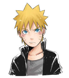 Rule 34 | 1boy, bad id, bad pixiv id, black jacket, blonde hair, blue eyes, breasts, cleavage, closed mouth, hair between eyes, jacket, looking at viewer, male focus, naruto, naruto (series), pinoko (pnk623), portrait, short hair, simple background, solo, uzumaki naruto, v-shaped eyebrows, white background