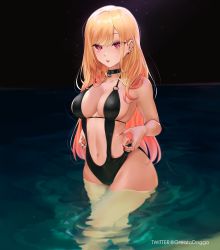 Rule 34 | 1girl, black choker, black one-piece swimsuit, blonde hair, breasts, choker, collarbone, commentary, ear piercing, earrings, english commentary, eyelashes, fingernails, greatodoggo, groin, hair between eyes, highres, jewelry, kitagawa marin, large breasts, long fingernails, long hair, looking at viewer, multicolored hair, nail polish, navel, o-ring, one-piece swimsuit, orange hair, parted lips, piercing, red eyes, red nails, slingshot swimsuit, solo, sono bisque doll wa koi wo suru, standing, swept bangs, swimsuit, thighs, twitter username, two-tone hair, water, waves