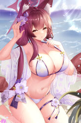 Rule 34 | 1girl, animal ear fluff, animal ears, bikini, black hair, blue archive, blush, breasts, brown eyes, cleavage, collarbone, day, flower, fox ears, hair flower, hair ornament, halo, highres, large breasts, long hair, looking at viewer, nanoda002 (saber427), navel, official alternate costume, outdoors, parted lips, purple bikini, purple flower, red halo, solo, swimsuit, thigh strap, wakamo (blue archive), wakamo (swimsuit) (blue archive)