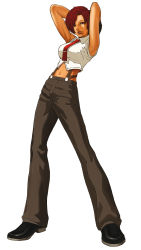 Rule 34 | 1girl, armpits, arms up, boots, crop top, full body, highres, lips, mature female, navel, necktie, nona, official art, pants, red hair, shirt, short hair, simple background, sleeveless, snk, solo, suspenders, the king of fighters, the king of fighters 2002, vanessa (kof), white background