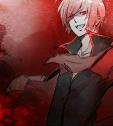 Rule 34 | 1boy, akaito, genmai, grin, lowres, male focus, monochrome, red eyes, red hair, scarf, short hair, smile, solo, vocaloid