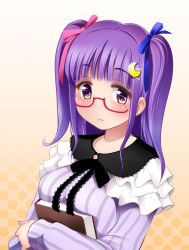 Rule 34 | 1girl, alternate hairstyle, bespectacled, book, hugging book, breasts, capelet, crescent, crescent hair ornament, dress, glasses, hair ornament, hair ribbon, holding, holding book, hugging object, kozue akari, large breasts, long sleeves, looking at viewer, patchouli knowledge, pink-framed eyewear, purple dress, purple eyes, purple hair, ribbon, solo, striped clothes, striped dress, touhou, two side up, upper body