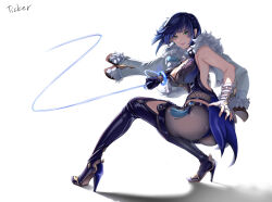 Rule 34 | 1girl, ass, asymmetrical gloves, blue hair, boots, clothing cutout, diagonal bangs, dice, feather-trimmed jacket, genshin impact, gloves, high heel boots, high heels, highres, lipstick, looking at viewer, looking back, makeup, mismatched gloves, short hair, simple background, solo, tassel choker, thigh boots, thigh cutout, thighs, ticker (kks2ksy), white background, yelan (genshin impact)