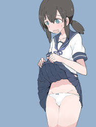 Rule 34 | 10s, 1girl, aqua eyes, bad id, bad pixiv id, blue background, bow, bow panties, brown hair, clothes lift, fubuki (kancolle), kaika, kantai collection, lifted by self, open mouth, panties, pleated skirt, ponytail, school uniform, serafuku, short hair, skirt, skirt lift, solo, tears, underwear, white panties