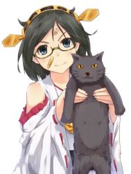 Rule 34 | 10s, 1girl, bandaid, bare shoulders, black hair, blue eyes, cat, detached sleeves, glasses, hairband, ichiman nisen yen, japanese clothes, kantai collection, kirishima (kancolle), messy hair, miko, paw print, personification, short hair, smile, solo, white background