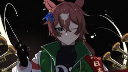 Rule 34 | ahoge, animal ears, black gloves, black shirt, brown hair, closed mouth, commentary request, ear ornament, gloves, green eyes, green jacket, hair between eyes, hair ornament, highres, horse ears, horse girl, jacket, kukmmo, long sleeves, looking at viewer, multicolored hair, musical note, night, night sky, one eye closed, real life, shirt, short hair, sky, smile, star (sky), streaked hair, sweater, tastiera (racehorse), translation request, turtleneck, turtleneck sweater, umamusume, white hair